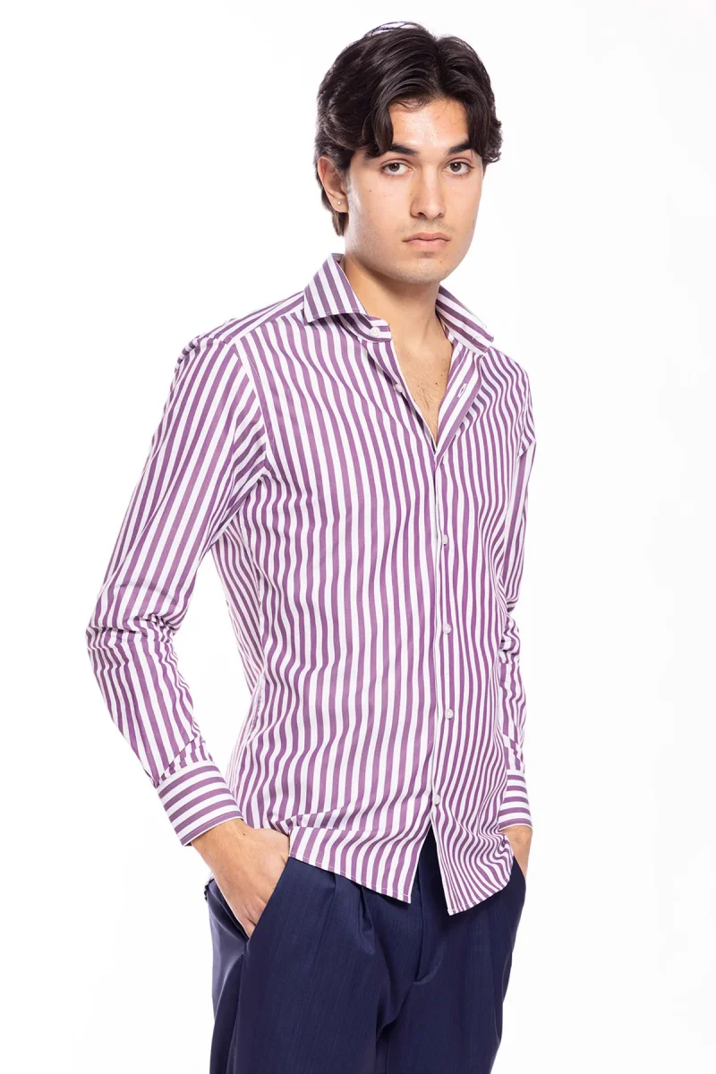 Camicia Uomo slim Fit riga viola larga 100% cotone collo semi francese mileta Tessuti - immagine 4