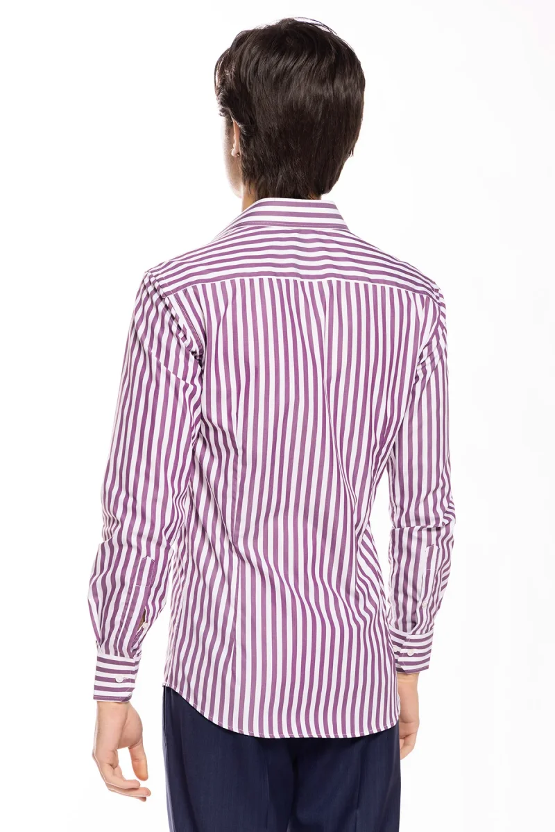 Camicia Uomo slim Fit riga viola larga 100% cotone collo semi francese mileta Tessuti - immagine 5
