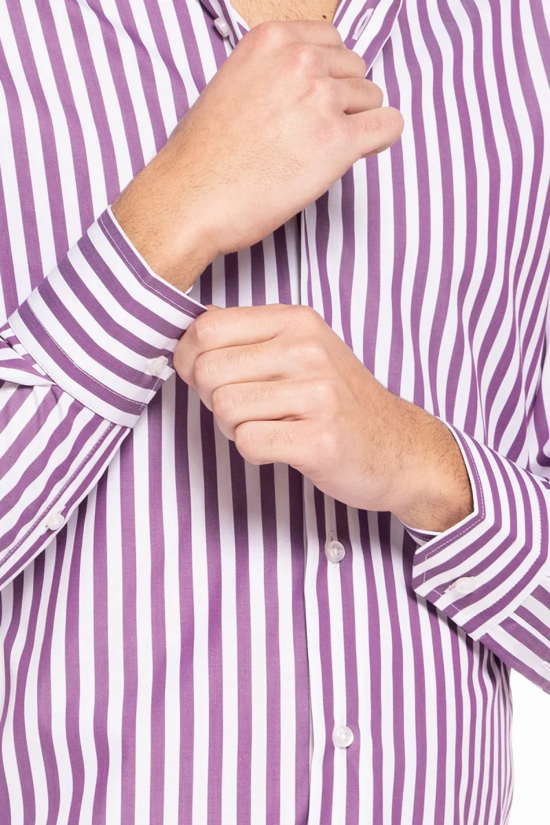 Camicia Uomo slim Fit riga viola larga 100% cotone collo semi francese mileta Tessuti - immagine 6