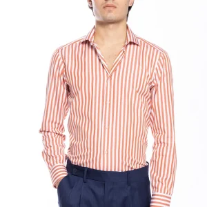 Camicia Uomo slim Fit riga arancio larga 100% cotone collo semi francese mileta Tessuti