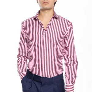 Camicia Uomo slim Fit riga bordeaux larga 100% cotone collo semi francese mileta Tessuti