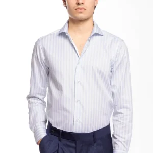 Camicia Uomo slim Fit riga celeste larga 100% cotone collo semi francese mileta Tessuti