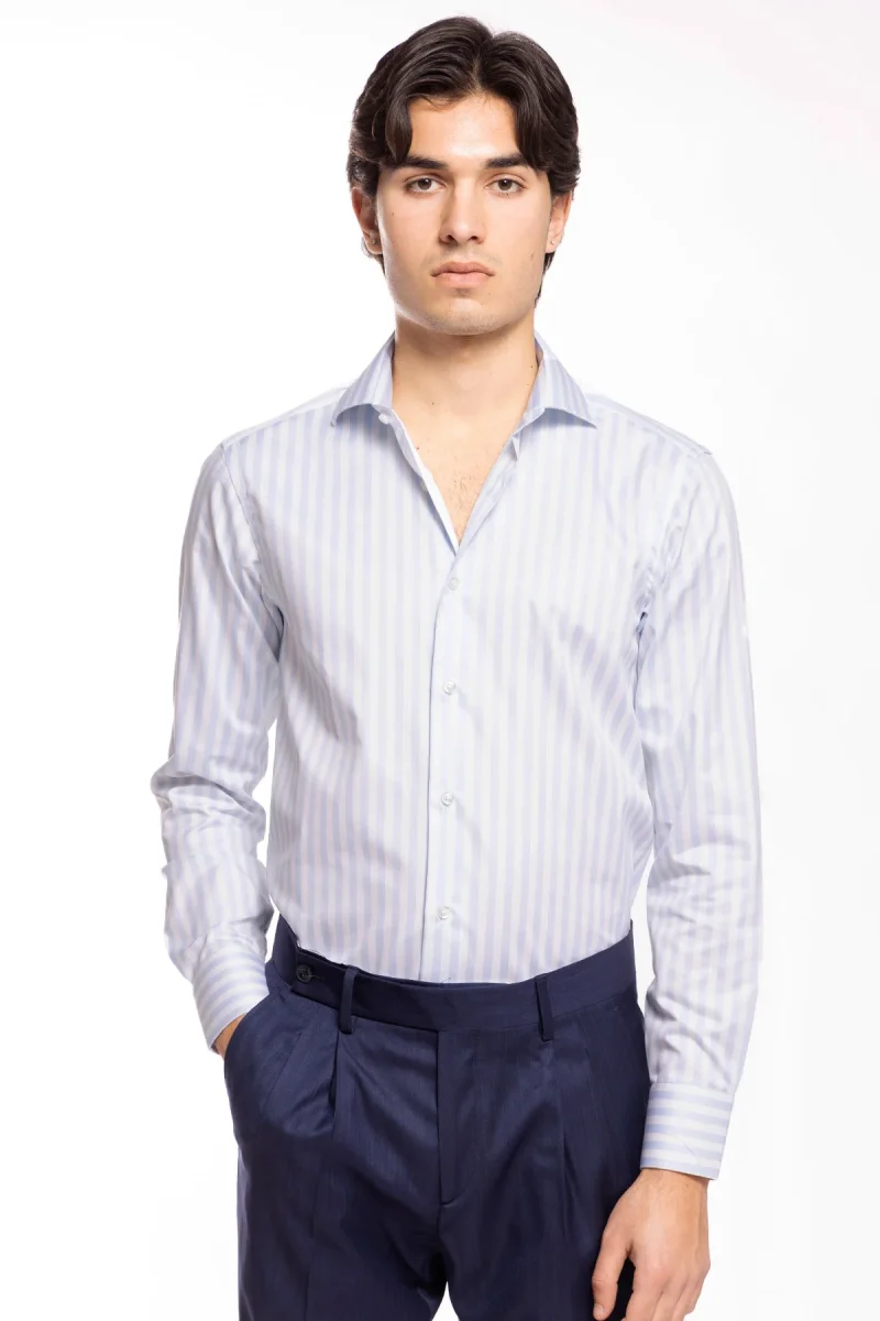 Camicia Uomo slim Fit riga celeste larga 100% cotone collo semi francese mileta Tessuti