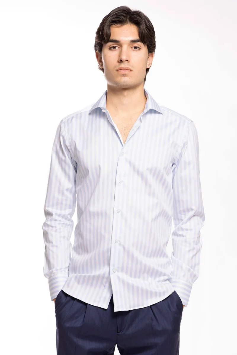 Camicia Uomo slim Fit riga celeste larga 100% cotone collo semi francese mileta Tessuti - immagine 3