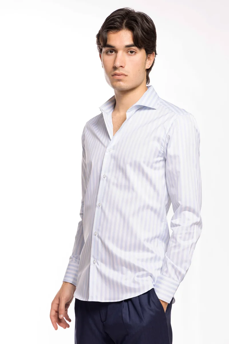 Camicia Uomo slim Fit riga celeste larga 100% cotone collo semi francese mileta Tessuti - immagine 4