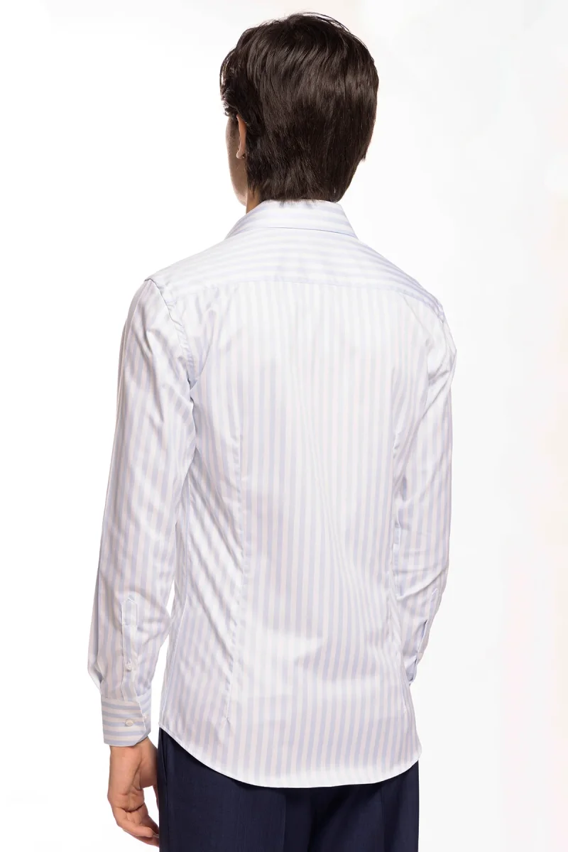 Camicia Uomo slim Fit riga celeste larga 100% cotone collo semi francese mileta Tessuti - immagine 5