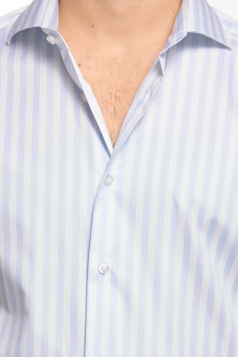 Camicia Uomo slim Fit riga celeste larga 100% cotone collo semi francese mileta Tessuti - immagine 6