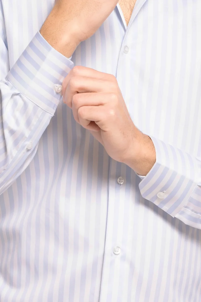 Camicia Uomo slim Fit riga celeste larga 100% cotone collo semi francese mileta Tessuti - immagine 7