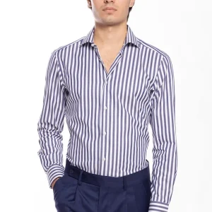 Camicia Uomo slim Fit riga blu denim larga 100% cotone collo semi francese mileta Tessuti