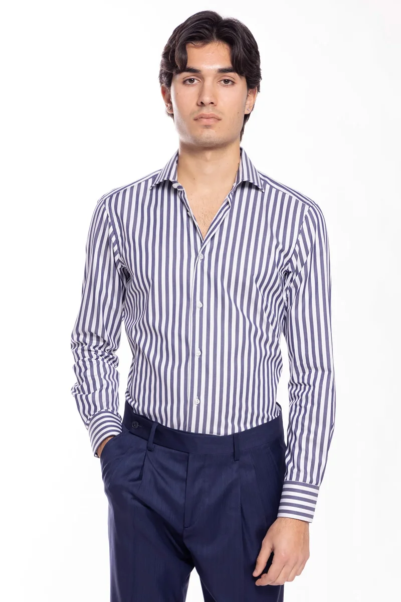 Camicia Uomo slim Fit riga blu denim larga 100% cotone collo semi francese mileta Tessuti - immagine 2