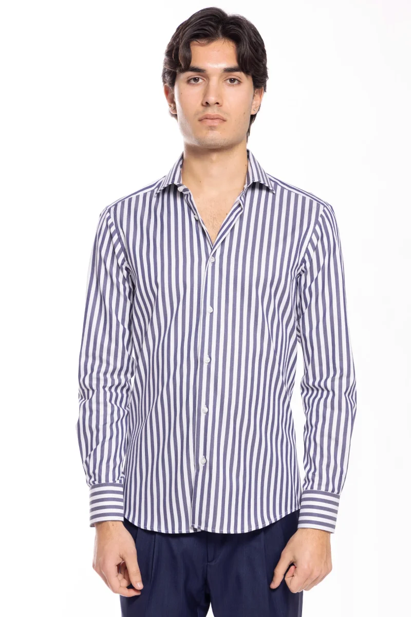 Camicia Uomo slim Fit riga blu denim larga 100% cotone collo semi francese mileta Tessuti - immagine 3