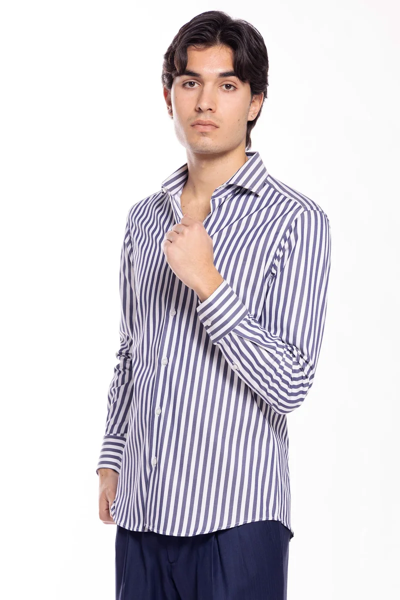 Camicia Uomo slim Fit riga blu denim larga 100% cotone collo semi francese mileta Tessuti - immagine 4