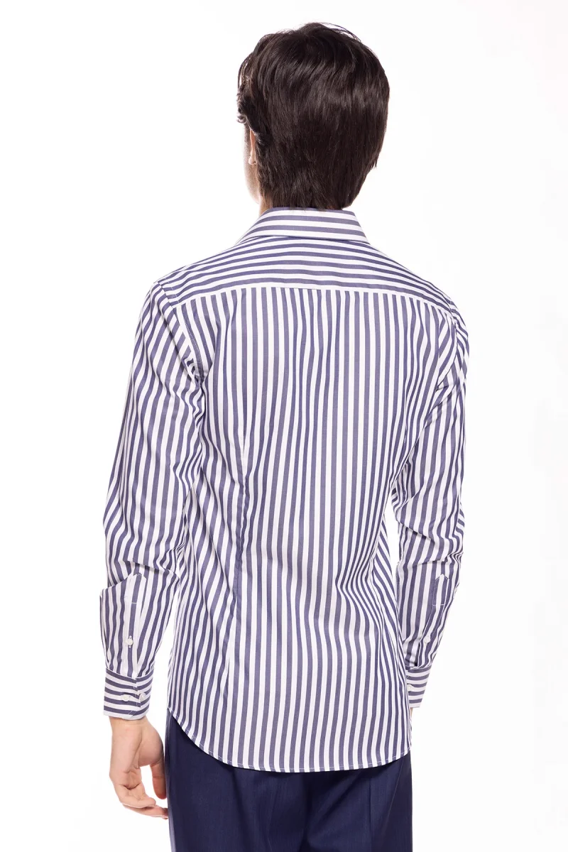 Camicia Uomo slim Fit riga blu denim larga 100% cotone collo semi francese mileta Tessuti - immagine 5