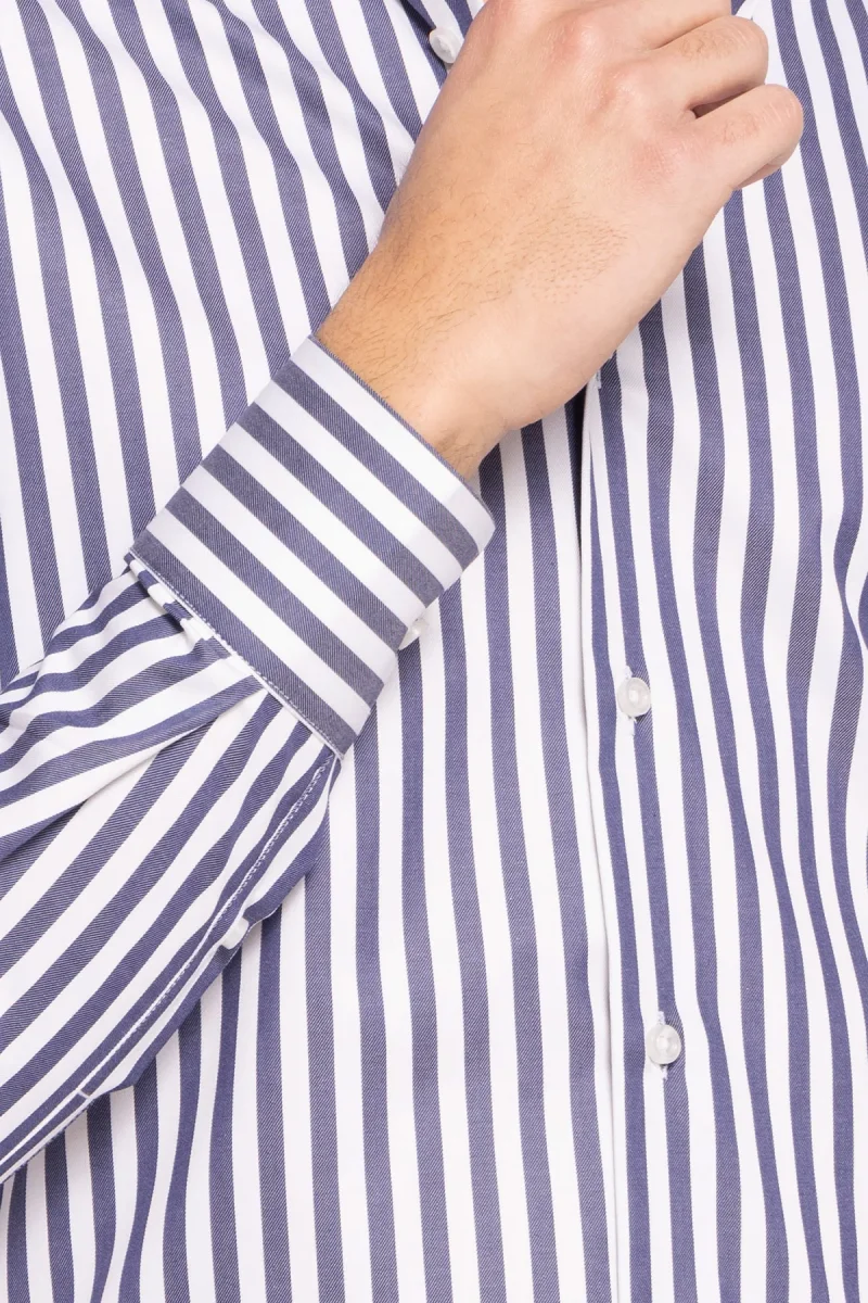 Camicia Uomo slim Fit riga blu denim larga 100% cotone collo semi francese mileta Tessuti - immagine 6