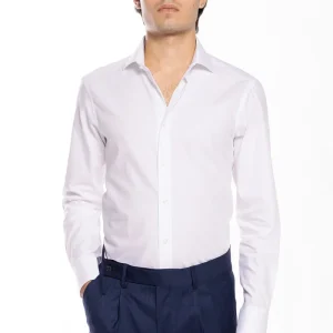 Camicia Uomo bianca slim Fit 100% cotone rigato tono su tono collo semi francese Monti Tessuti