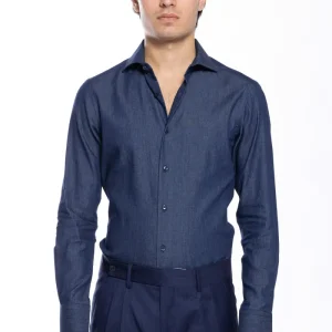 Camicia Uomo slim fit in cotone 100% effetto denim lavato Collo semi francese