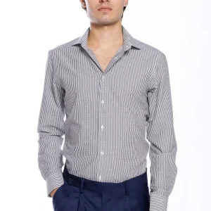 Camicia Uomo bianca riga nera tessuto seersacker slim Fit collo semi francese