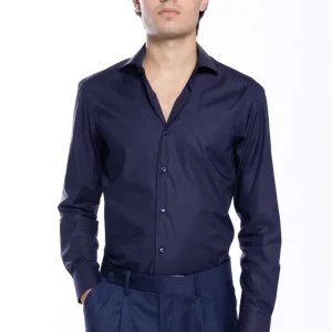 Camicia Uomo slim fit blu cotone Elastico Collo semi francese tinta unita sartoriale