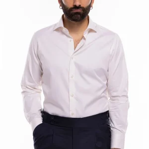 Camicia Uomo regular Fit panna 100% cotone Tinta unita collo semi francese mileta Tessuti