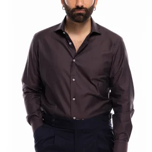 Camicia Uomo regular Fit marrone 100% cotone Tinta unita collo semi francese mileta Tessuti