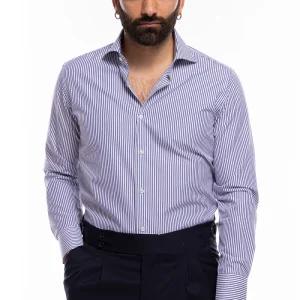 Camicia Uomo regular Fit riga blu stretta 100% cotone collo semi francese mileta Tessuti