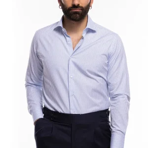Camicia Uomo regular Fit riga celeste stretta 100% cotone collo semi francese mileta Tessuti