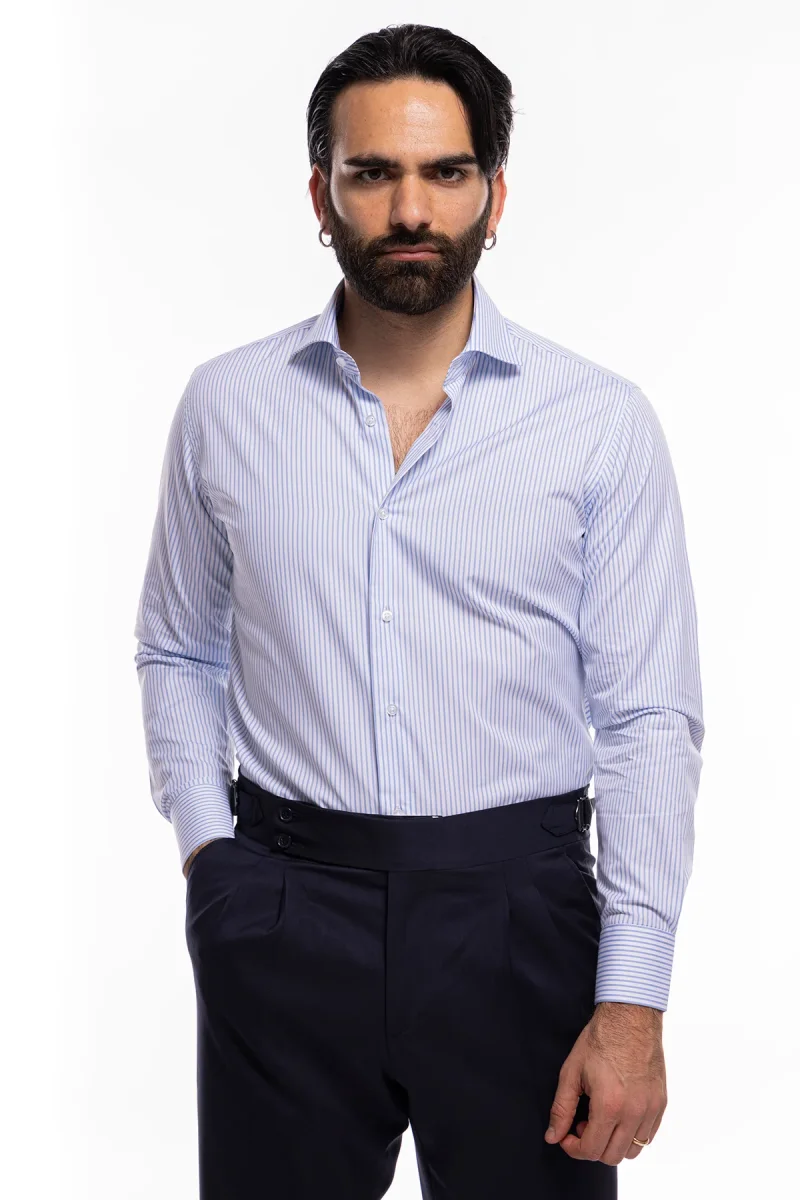 Camicia Uomo regular Fit riga celeste stretta 100% cotone collo semi francese mileta Tessuti