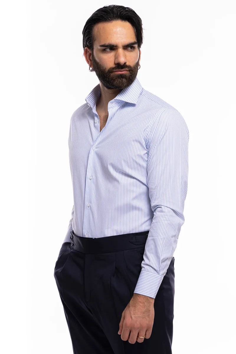 Camicia Uomo regular Fit riga celeste stretta 100% cotone collo semi francese mileta Tessuti - immagine 3