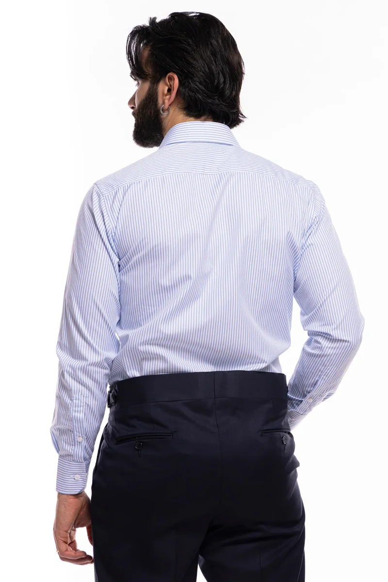 Camicia Uomo regular Fit riga celeste stretta 100% cotone collo semi francese mileta Tessuti - immagine 4