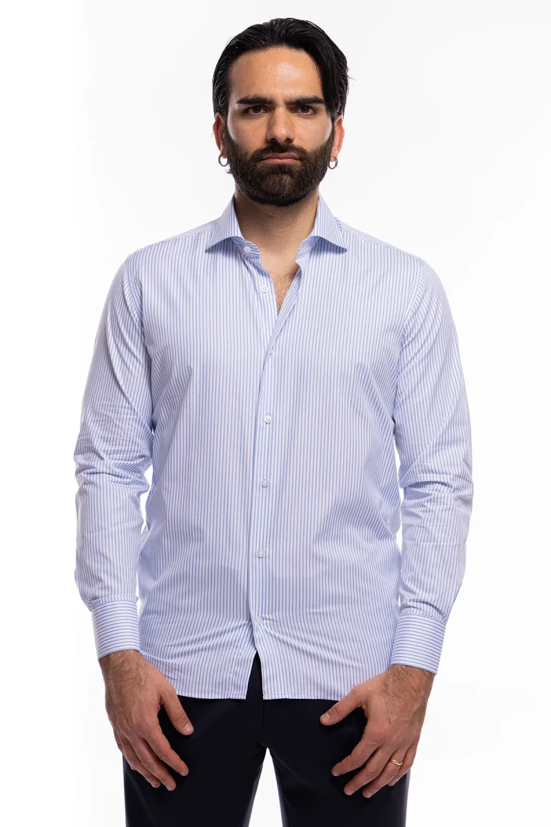 Camicia Uomo regular Fit riga celeste stretta 100% cotone collo semi francese mileta Tessuti - immagine 5