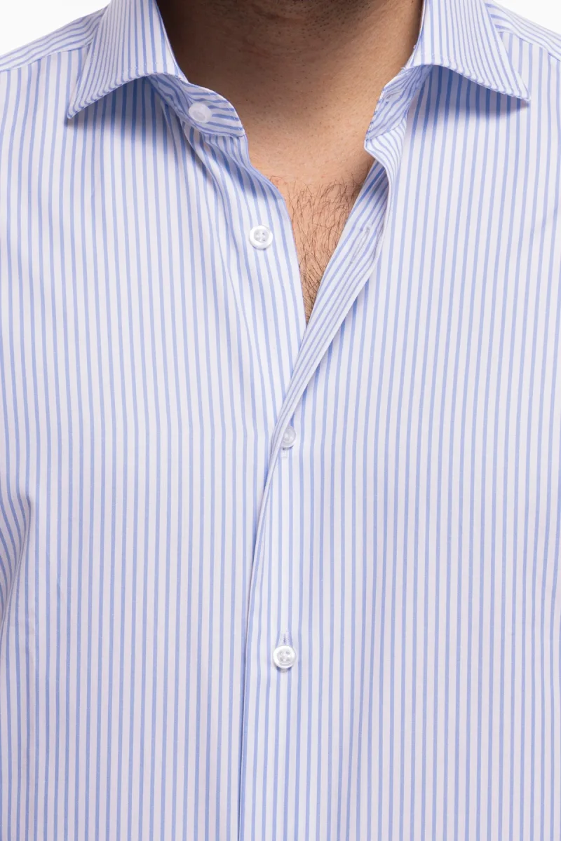 Camicia Uomo regular Fit riga celeste stretta 100% cotone collo semi francese mileta Tessuti - immagine 7