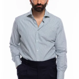 Camicia Uomo regular Fit riga verde stretta 100% cotone collo semi francese mileta Tessuti