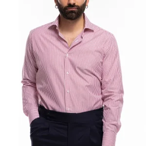 Camicia Uomo regular Fit riga rossa stretta 100% cotone collo semi francese mileta Tessuti