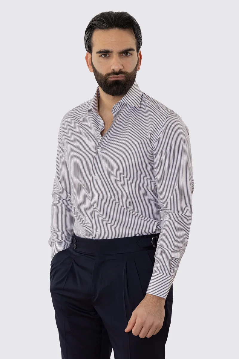 Camicia Uomo regular Fit riga marrone stretta 100% cotone collo semi francese mileta Tessuti - immagine 3