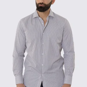 Camicia Uomo regular Fit riga marrone stretta 100% cotone collo semi francese mileta Tessuti