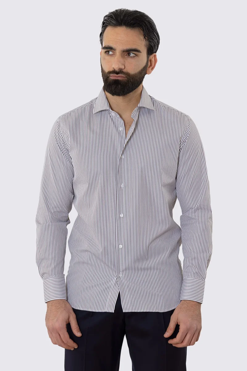 Camicia Uomo regular Fit riga marrone stretta 100% cotone collo semi francese mileta Tessuti