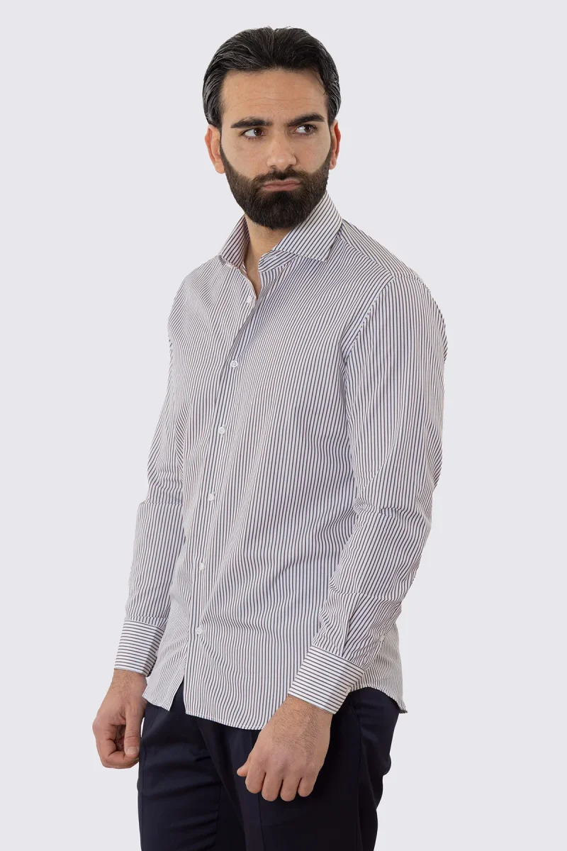 Camicia Uomo regular Fit riga marrone stretta 100% cotone collo semi francese mileta Tessuti - immagine 4