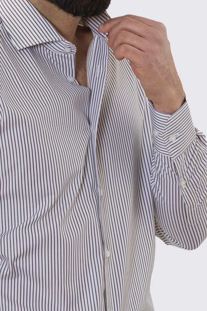 Camicia Uomo regular Fit riga marrone stretta 100% cotone collo semi francese mileta Tessuti - immagine 6