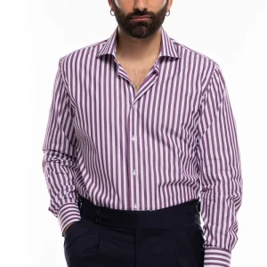 Camicia Uomo regular Fit riga viola larga 100% cotone collo semi francese mileta Tessuti