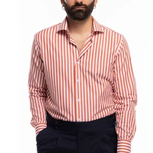 Camicia Uomo slim regular riga arancio larga 100% cotone collo semi francese mileta Tessuti