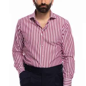 Camicia Uomo regular Fit riga bordeaux larga 100% cotone collo semi francese mileta Tessuti