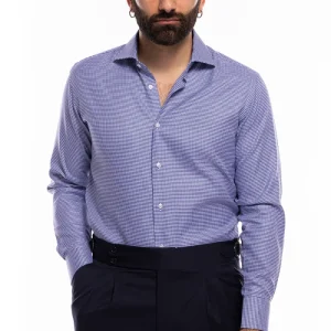 Camicia Uomo regular Fit blu pied poule 100% cotone Tinta unita collo semi francese mileta Tessuti