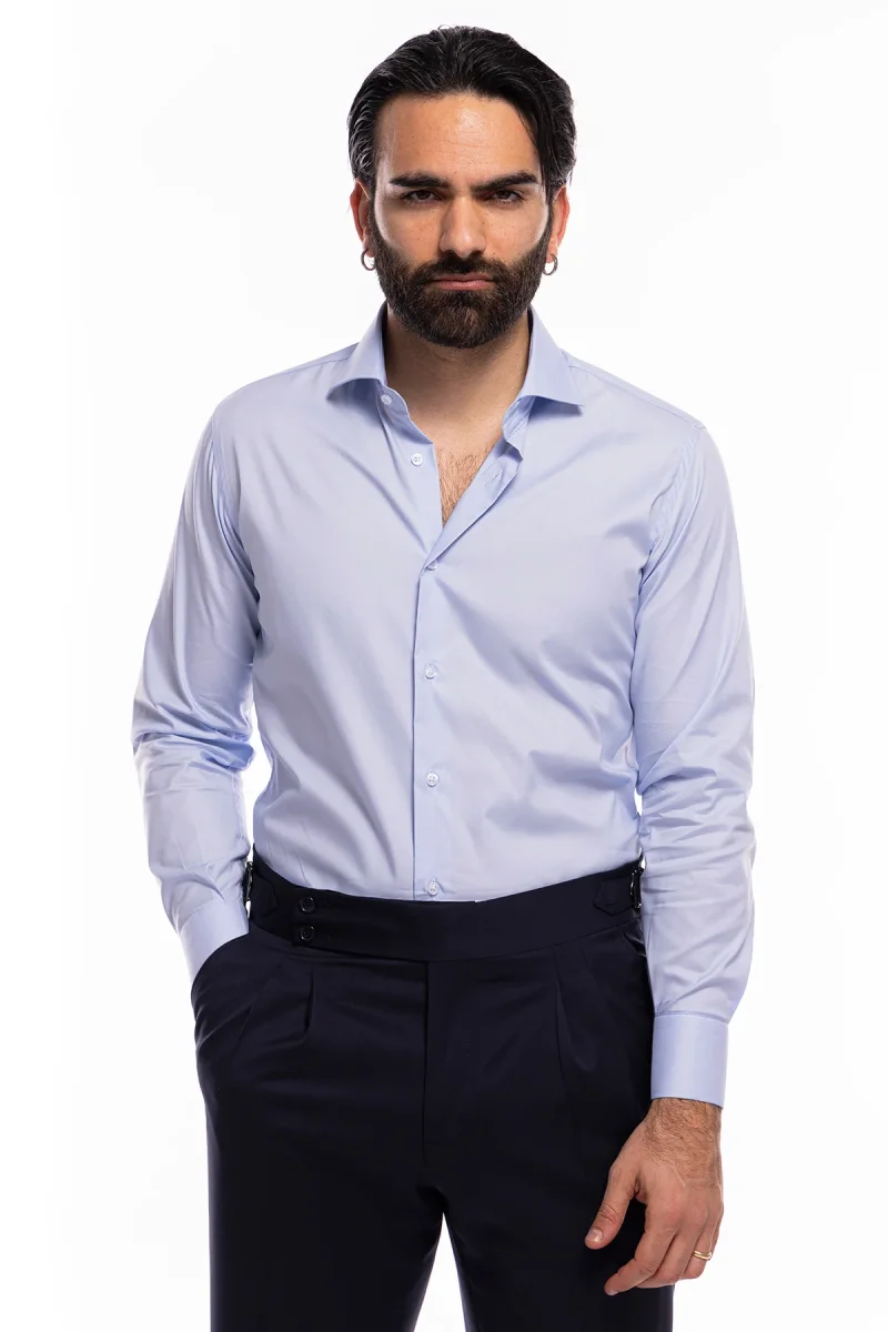 Camicia Uomo regular fit celeste cotone Elastico Collo semi francese tinta unita sartoriale - immagine 2