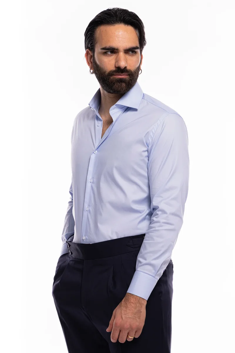 Camicia Uomo regular fit celeste cotone Elastico Collo semi francese tinta unita sartoriale - immagine 3