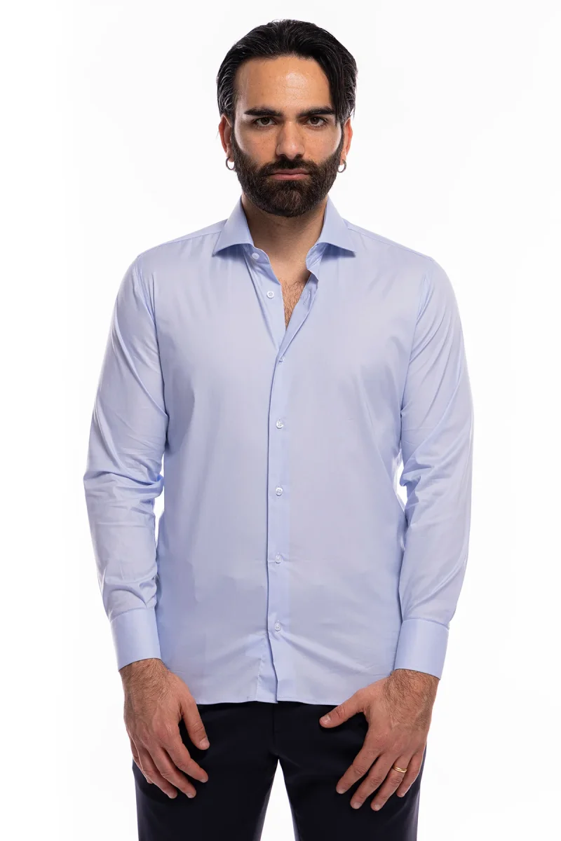 Camicia Uomo regular fit celeste cotone Elastico Collo semi francese tinta unita sartoriale - immagine 5