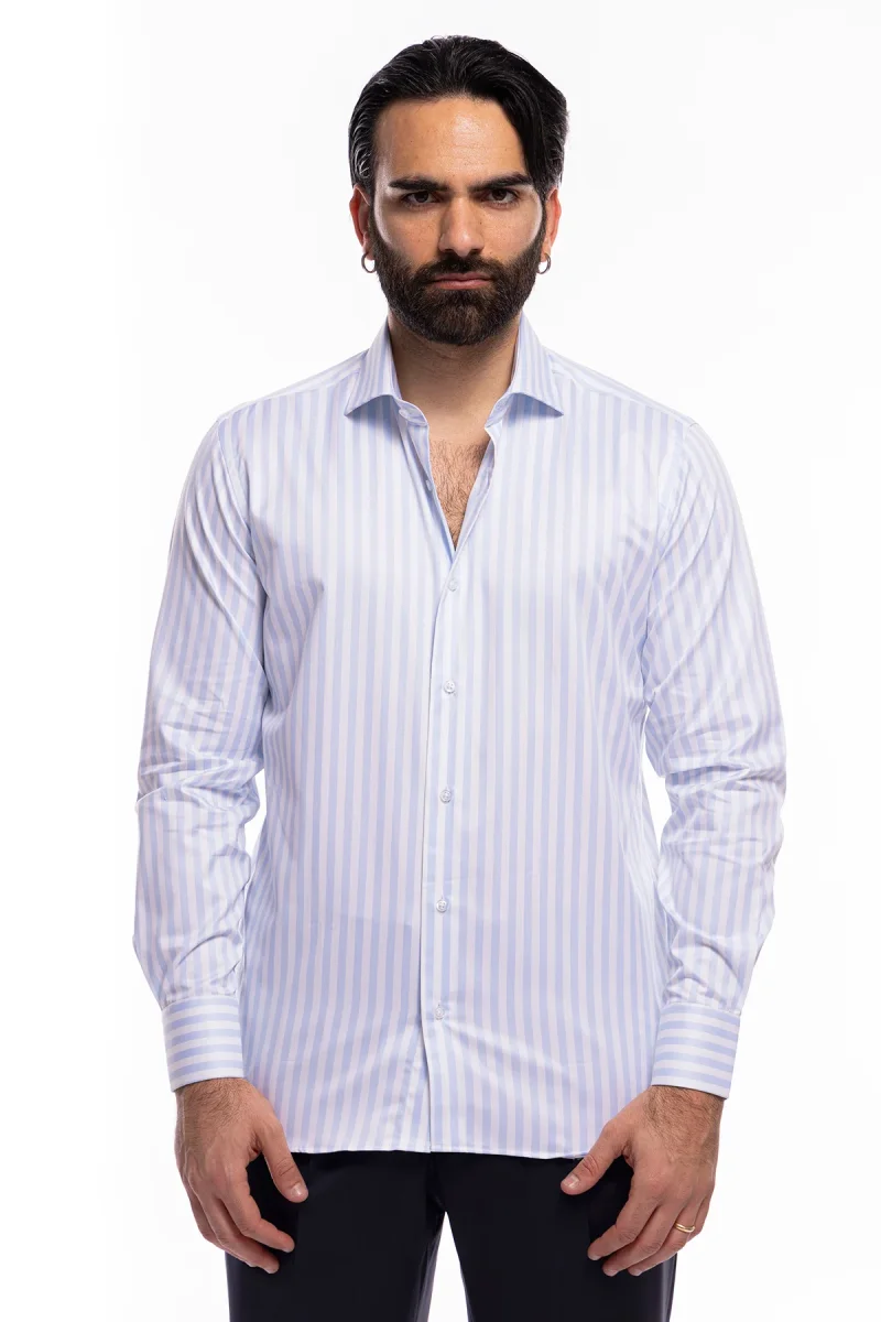 Camicia Uomo regular Fit riga celeste larga 100% cotone collo semi francese mileta Tessuti - immagine 5