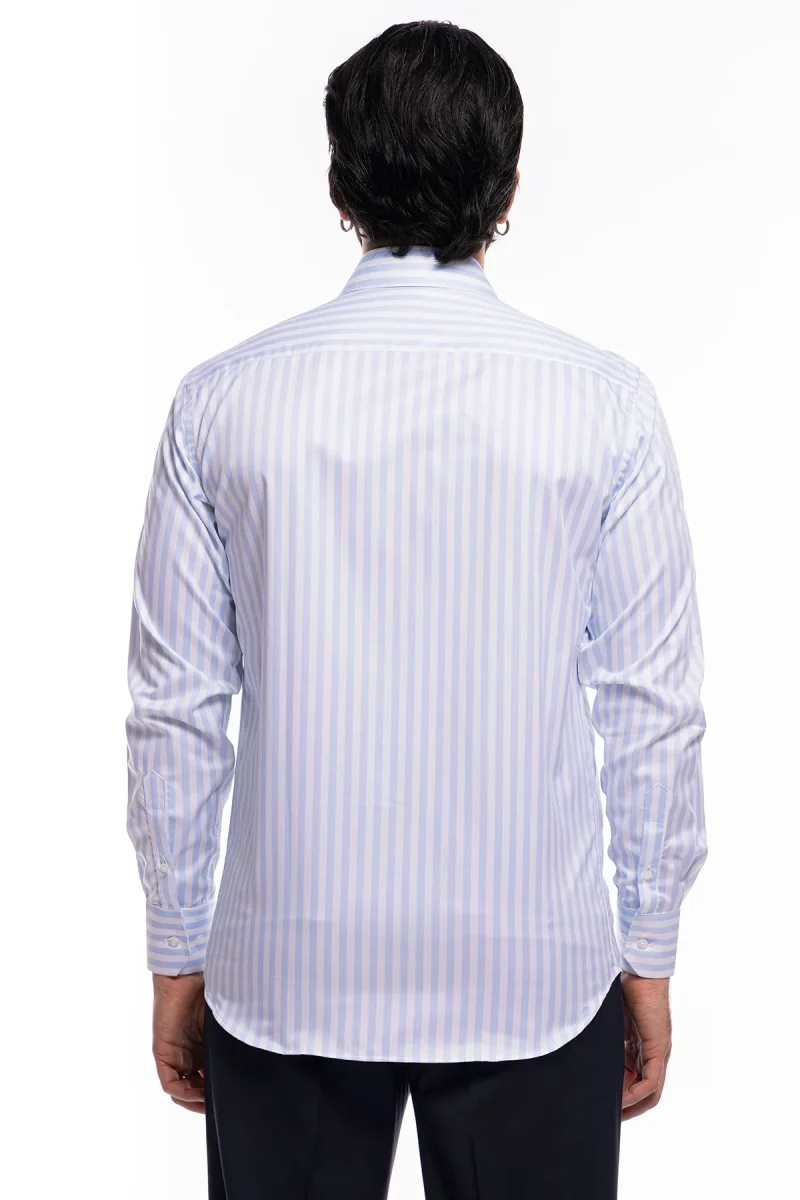 Camicia Uomo regular Fit riga celeste larga 100% cotone collo semi francese mileta Tessuti - immagine 6