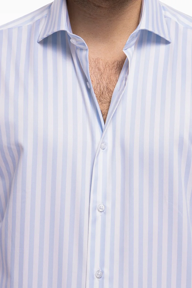 Camicia Uomo regular Fit riga celeste larga 100% cotone collo semi francese mileta Tessuti - immagine 7