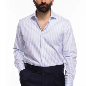 Camicia Uomo regular Fit riga celeste larga 100% cotone collo semi francese mileta Tessuti