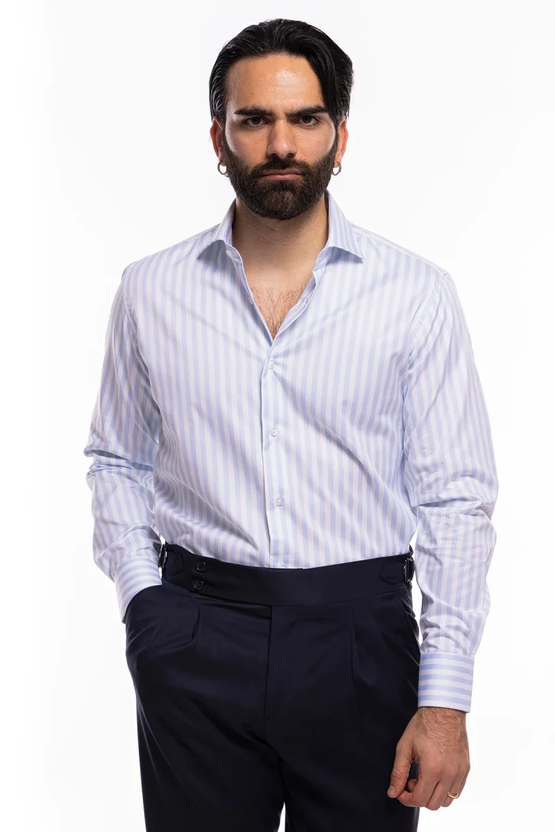 Camicia Uomo regular Fit riga celeste larga 100% cotone collo semi francese mileta Tessuti